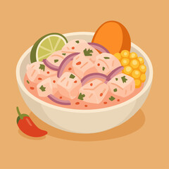 Ceviche illustration in flat modern style with traditional Peruvian ingredients