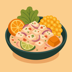Ceviche illustration in flat modern style with traditional Peruvian ingredients