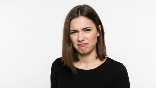 Disgusted young woman with a repulsed facial expression isolated on a white background