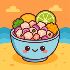 Cute Peruvian ceviche in cartoon style with smiling bowl and colorful ingredients