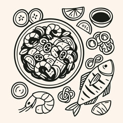 Peruvian ceviche line art with seafood ingredients and cultural elements