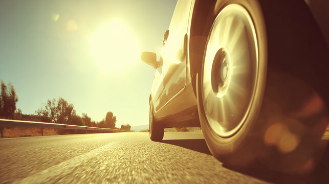 A car speeds down a sunlit highway, capturing the essence of freedom and motion.