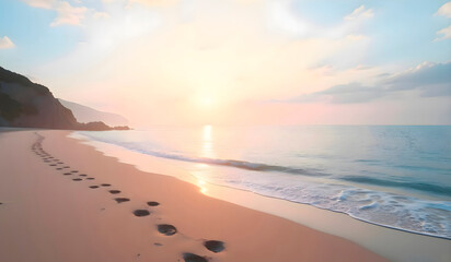 Footprints in the sand along a beach shoreline at sunset with golden sky and soft waves creating a calm and peaceful atmosphere