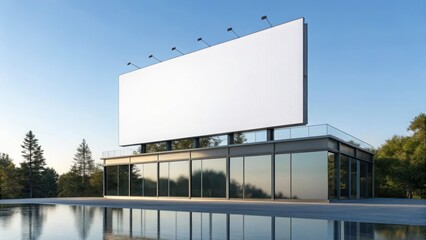 Large blank billboard on a modern building with glass reflections and water feature