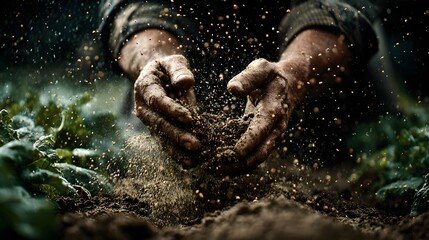 Hands holding soil over plants in a field with dark background.
