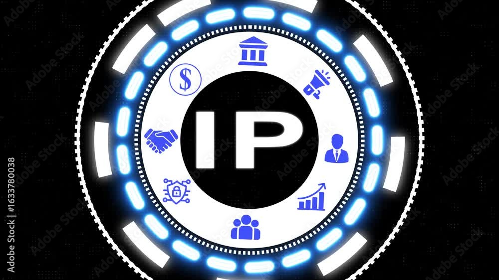 Poster intellectual property protection concept represented by glowing circular animated graphics