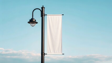 Blank white banner attached to a street lamppost against a clear blue sky with clouds