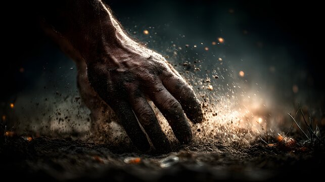 Hand reaching toward ground with dirt dust and light in dark setting.
