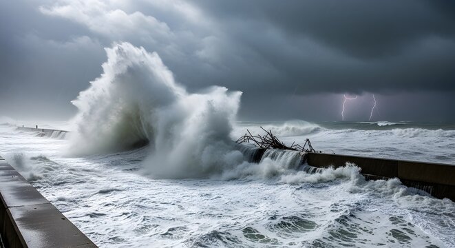 Powerful ocean waves crash against a rugged sea wall under a stormy sky with lightning strikes