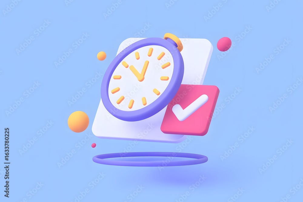 Fototapete time management concept: a vibrant, modern 3d rendering showcases a clock with a checkmark, symboliz