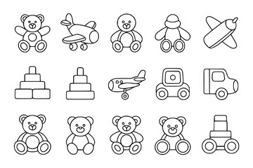 Children's toy line art icon set: teddy bears, airplanes, stacking blocks, toy cars, and trucks. Simple black and white vector illustrations for kids, babies, and playtime. Collection of playful desig