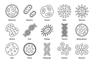 Biology cell icons: Monochrome vector line art set of bacteria, viruses, DNA, neurons, cells, molecules. Educational, scientific illustration with circles, dots, helixes, and organic shapes.