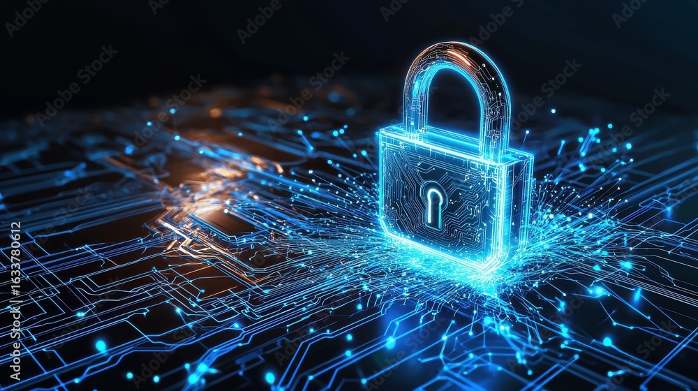 Aufkleber futuristic digital technology landscape with a glowing cybersecurity lock icon representing data pro
