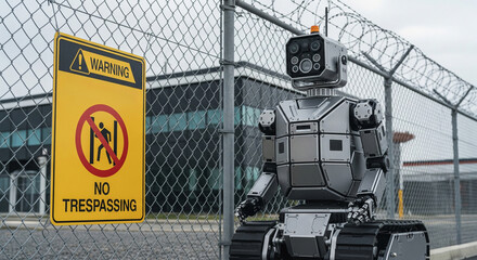 A robot security guard with a camera sensor patrols a facility along a fence near a no trespassing warning sign, artificial intelligence on guard