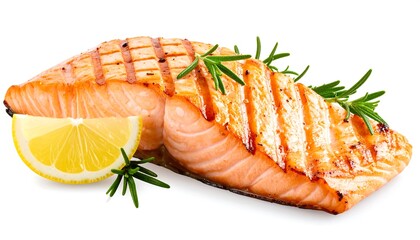 Grilled salmon fillet with lemon and rosemary garnish, isolated on white