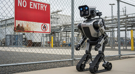A robot security guard with a camera sensor patrols a facility along a fence near a no trespassing warning sign, artificial intelligence on guard