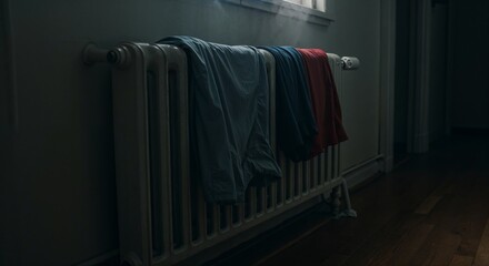 Laundry drying near radiator in dim hallway with steam and wrinkles in gritty everyday realism