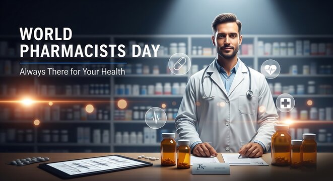 Proud pharmacist in lab coat stands behind counter with shelves of medicine in background celebrating world pharmacists day