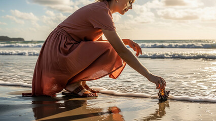 A woman in a flowing peach dress crouches at the edge of the ocean, reaching out to touch a sea shell in the gentle surf, with the setting sun reflecting on the wet sand and water