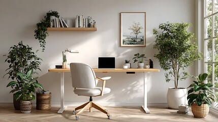 Bright minimalist workspace in modern home featuring adjustable standing desk and houseplant, with large blank wall perfect for text placement or creative layout