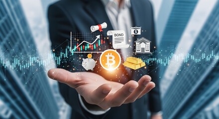 Businessman presenting digital assets, including Bitcoin, gold, and financial charts, symbolizing investment and wealth management.