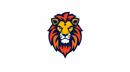 A stylized lion head with a vibrant mane, rendered in shades of orange, yellow, and blue on a white background.