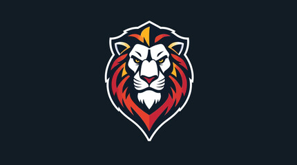 A stylized lion head emblem with a fiery mane against a dark background.