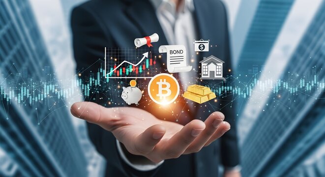 Businessman presenting digital assets, including Bitcoin, gold, and financial charts, symbolizing investment and wealth management. - Powered by Adobe