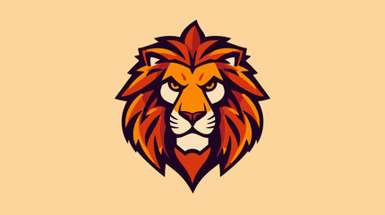Fierce lion head emblem, stylized orange and red, powerful, majestic, vector art.