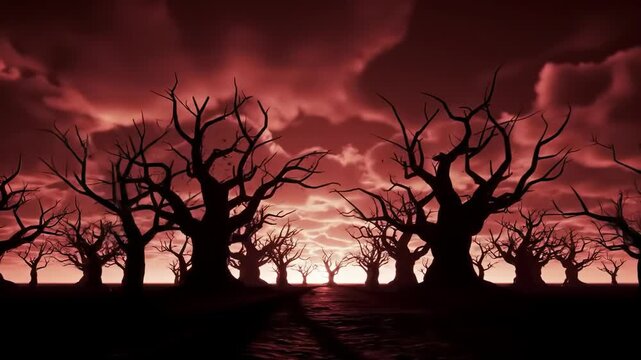 Silhouette of bare trees against dark red sunset or sunrise sky