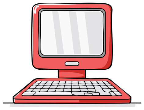 Vibrant red desktop computer cartoon illustration with monitor and keyboard