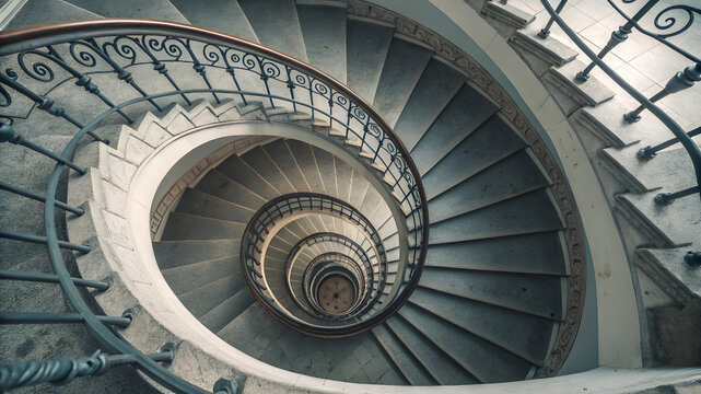 Top view of a grand spiral staircase with ornate railings - Powered by Adobe