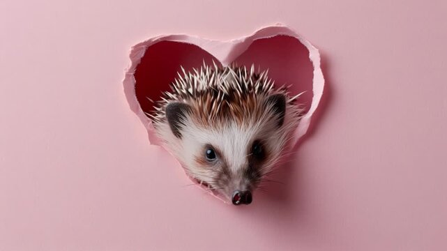 A hedgehog peeks through a heart-shaped hole in pink paper