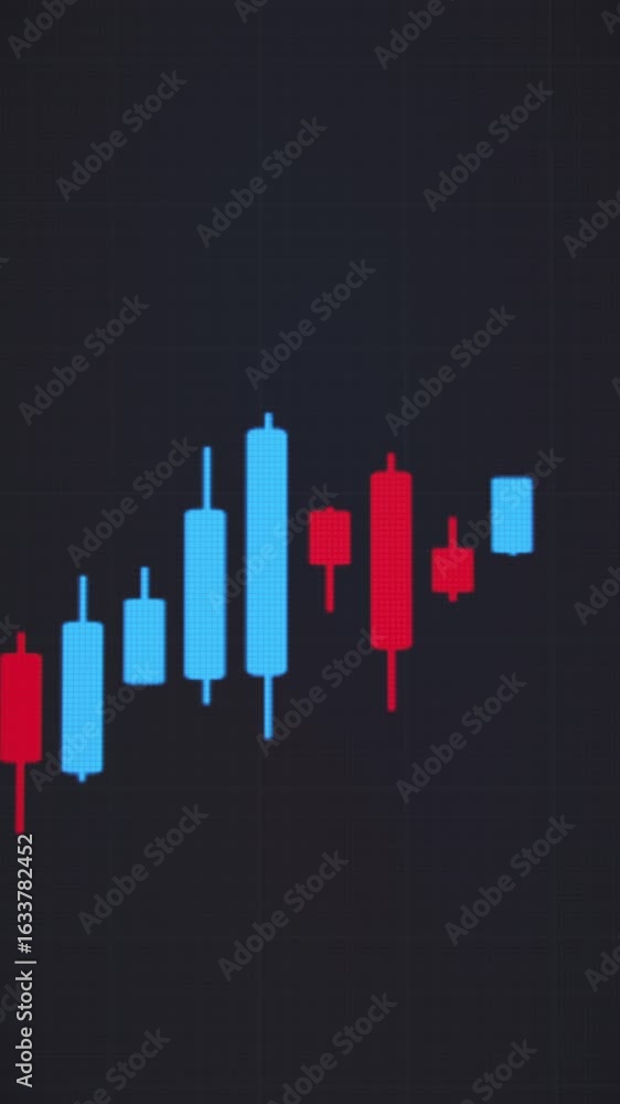 Poster vertical video animation of a moving candlestick chart in blue and red, showing how a price goes up 