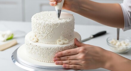 Elegant two-tiered cake receives delicate icing decoration, crafted with precision and artistry by