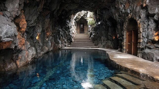 Dark cave spa with pool and steps