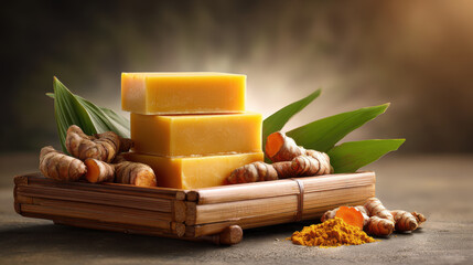 Turmeric soap bars with fresh roots and powder, promoting natural skincare and wellness.