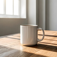 White ceramic coffee mug with dark liquid on wooden table