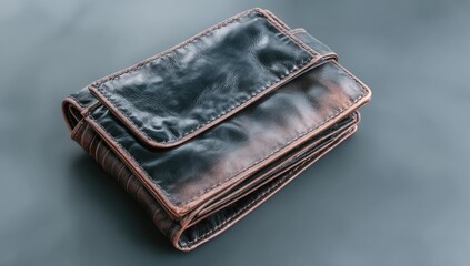 A dark brown leather bi-fold wallet lies flat on a gray surface