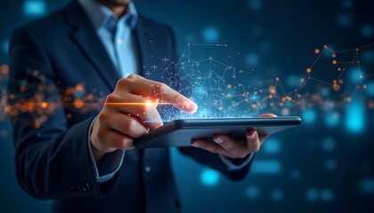 Geschäftsmann nutzt Tablet mit digitaler Netzwerkanalyse 
