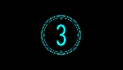 Neon-blue 3 inside a circular clock-like frame against a black background