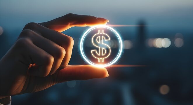 A hand holds a glowing dollar sign against a blurred cityscape backdrop, symbolizing finance, investment, and economic opportunity.