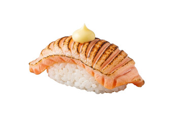 Meticulously prepared Aburi Sake nigiri with seared salmon and Japanese mayonnaise, isolated on a pristine transparent background, concept of gourmet Japanese food