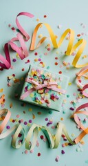 Pastel-colored gift box surrounded by colorful confetti and streamers on a light teal background