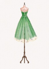 Watercolor fashion illustration. Green dress elegantly on a vintage mannequin.  fitted bodice. Voluminous skirt. Haute couture elegance. Princess dress. Fairy tale. Feminine silhouette. Faiy