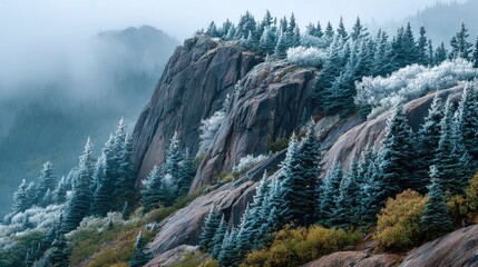 Misty mountainside with frosted trees and rocks