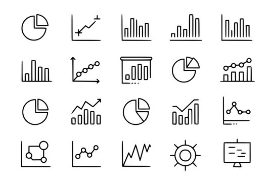 Hand-drawn data visualization icon set: pie charts, bar graphs, line graphs, scatter plots, trend lines, and data points. Simple black and white vector illustrations of business, finance, analytics an