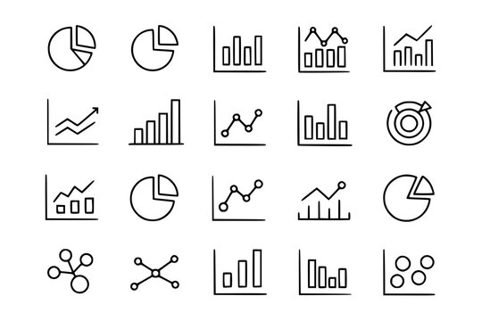 Set of 20 minimal vector line art data visualization icons. Pie charts, bar graphs, line graphs, scatter plots, and network diagrams. Simple black and white design elements for business, finance, and 