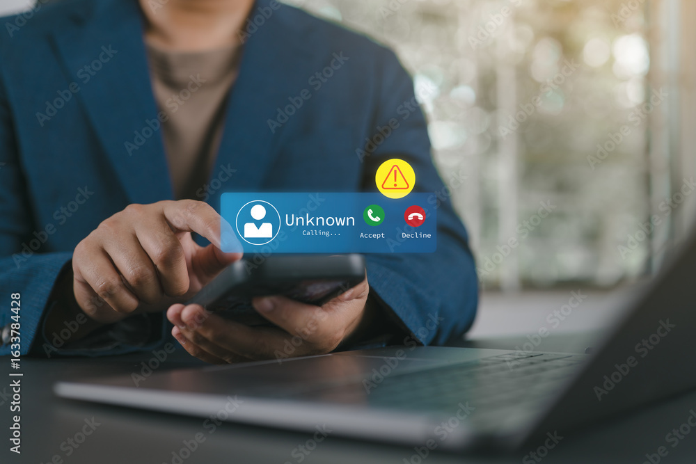 Poster scam or spam alert calls, man receiving unknown caller notification with a warning messages to preve