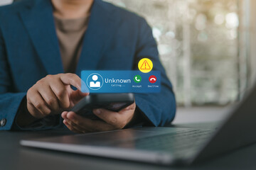 Scam or spam alert calls, Man receiving unknown caller notification with a Warning Messages to...